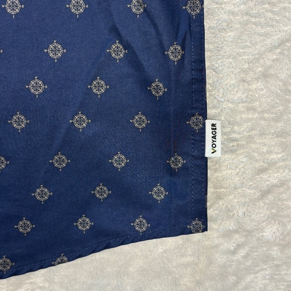 Voyager Men's Compass Print Button Shirt Navy Blue Recycled Stretch Sz L - Picture 6 of 9